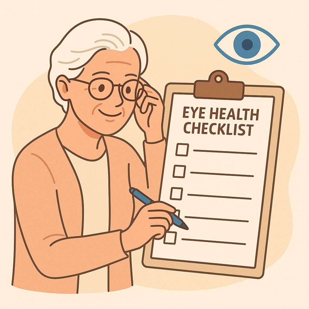 눈 건강을 관리하기위해 체크리스트를 작성하는 중년의 이미지 만화체 그림