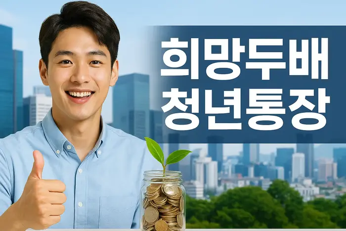 엄지손가락을 들고 희망두배 청년통장을 응원하는 청년 남성, 서울시 배경과 저축을 상징하는 동전이 담긴 유리병
