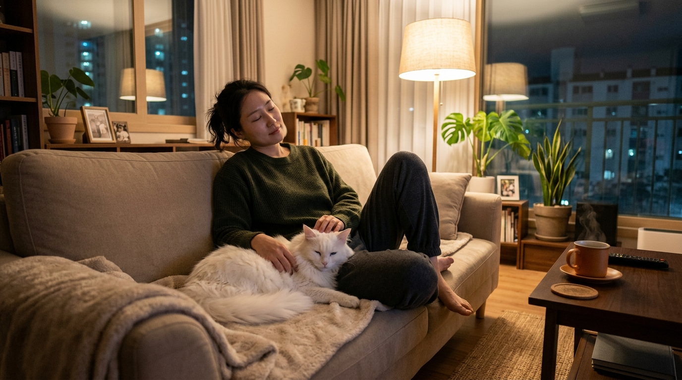 저녁 소파 옆에 있는 고양이