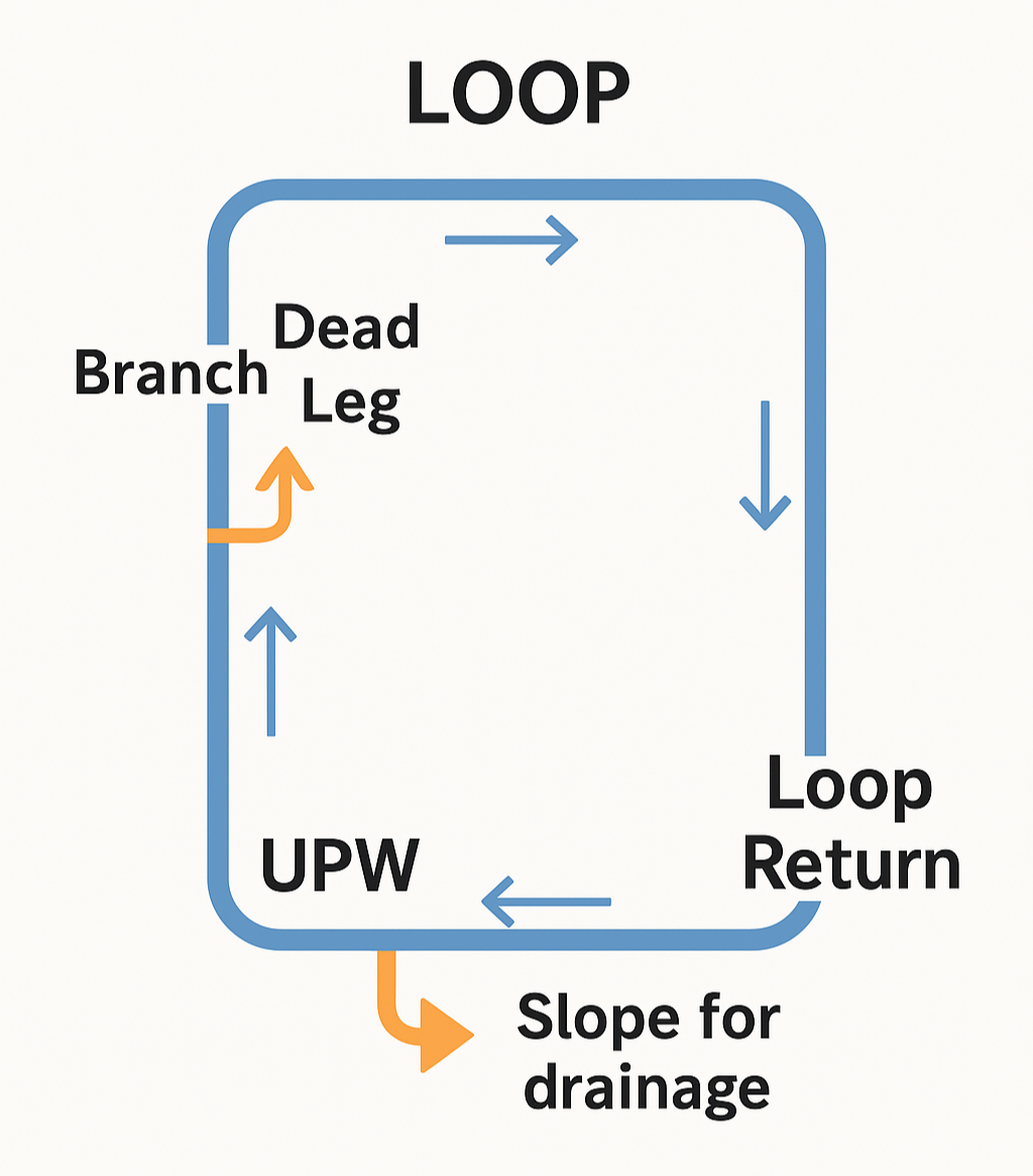 초순수(UPW) 루핑 배관 흐름도 – Loop Return, Dead Leg 최소화 구조 설명
