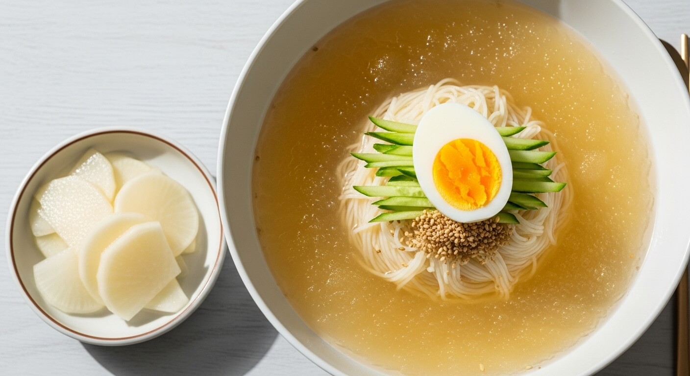살얼음 동동 시원한 동치미 국수가 담긴 그릇. 삶은 달걀, 오이채가 고명으로 올라가 있습니다.