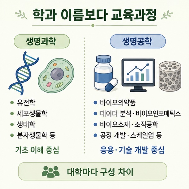 생명과학과 생명공학의 교육 분야가 서로 겹치며 대학별 교과과정을 확인하는 것이 중요하다는 점을 표현한 이미지