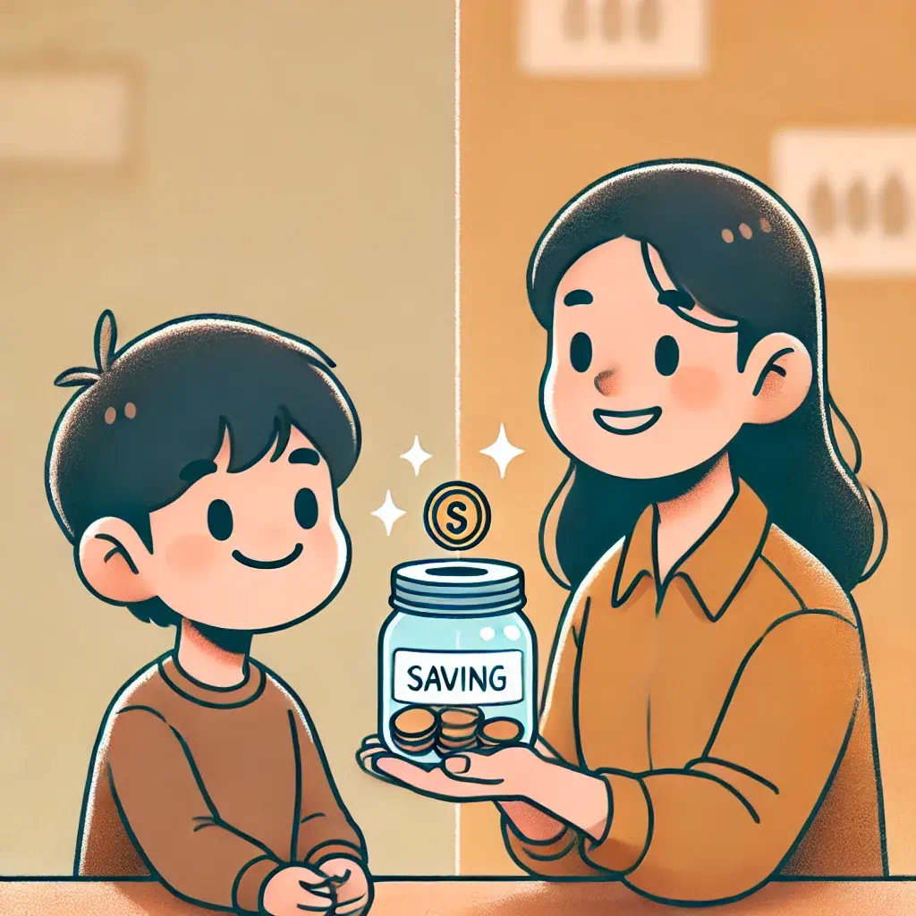 엄마가 아들에게 돈이 저축되는 유리병을 보여주는 모습