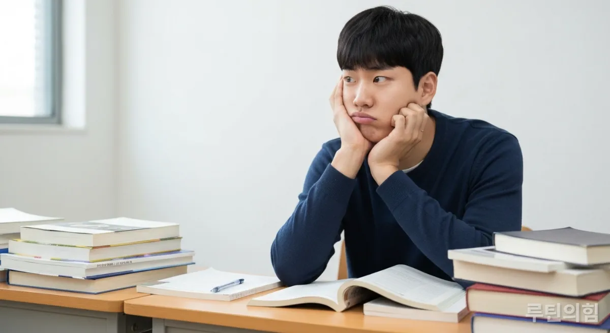 책상에 앉아 생각에 잠겨 있지만 아무것도 하지 못하는 남학생