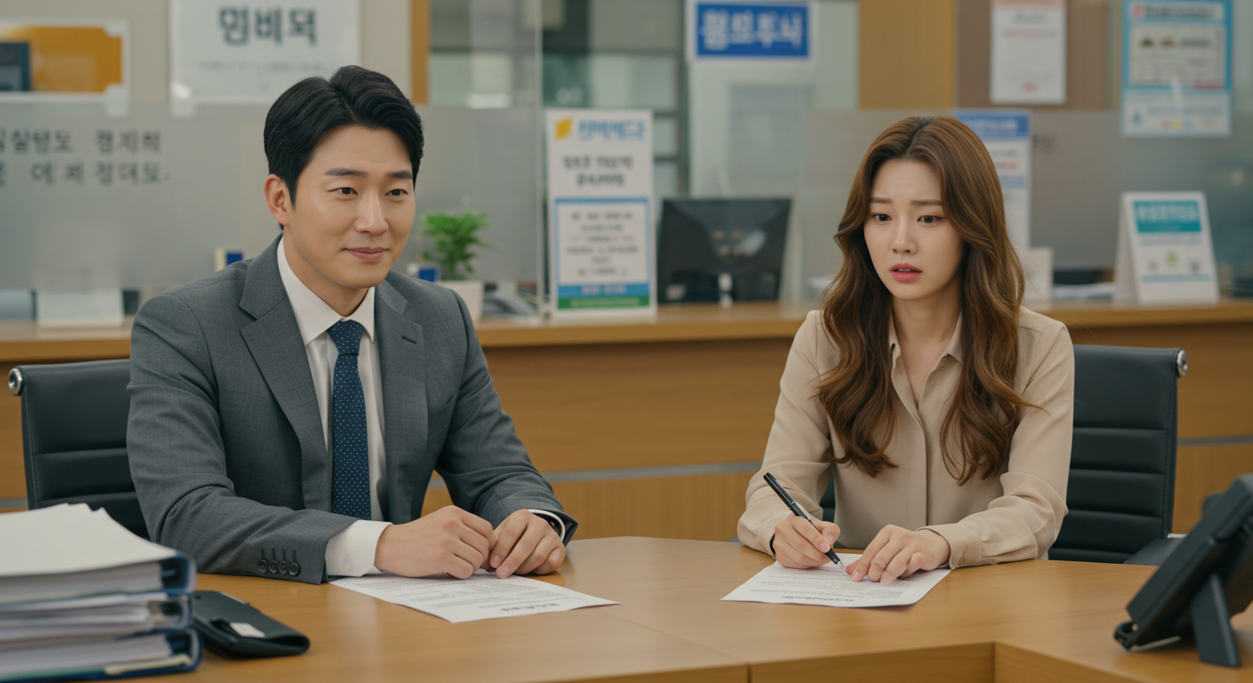 은행에서 한국인 직장인과 자영업자가 대출조건 차이를 듣고 걱정하는 모습
