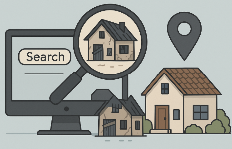 "농촌 빈집 찾는 법을 표현한 일러스트, 컴퓨터 화면과 검색창, 돋보기로 확인하는 노후 주택, 지도 위치 아이콘과 관리된 주택이 함께 배치된 디자인"