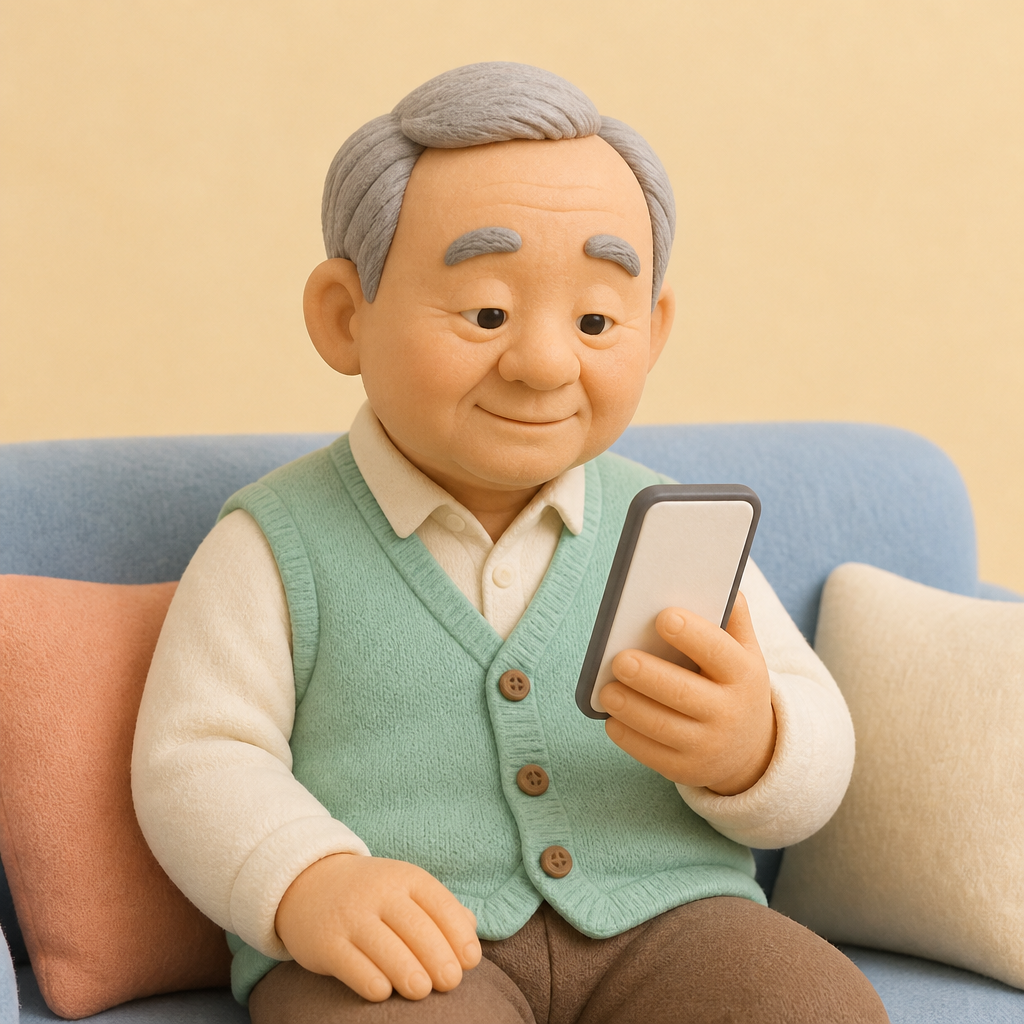 거실 소파에 앉아 휴대폰 화면을 보며 고개를 끄덕이는 할아버지