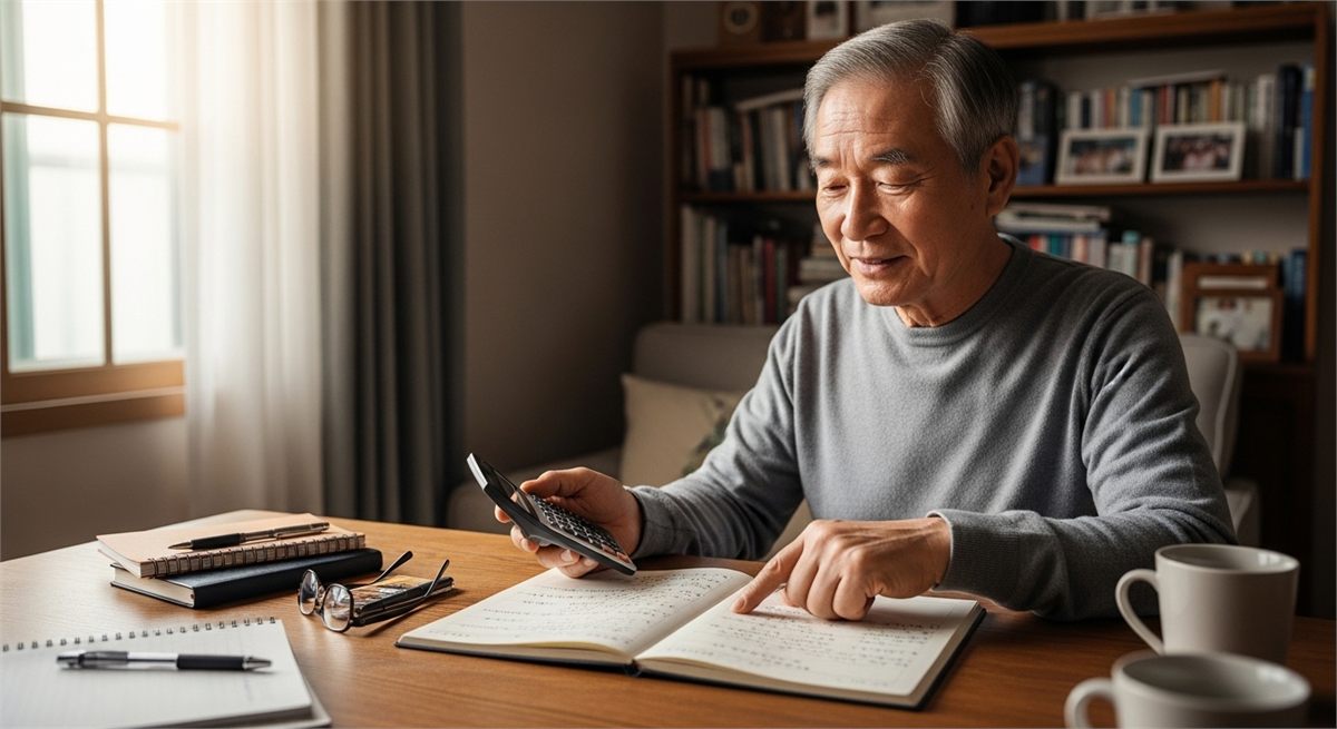 한국 시니어 남성이 예산과 계산기로 생활비를 점검하는 모습 