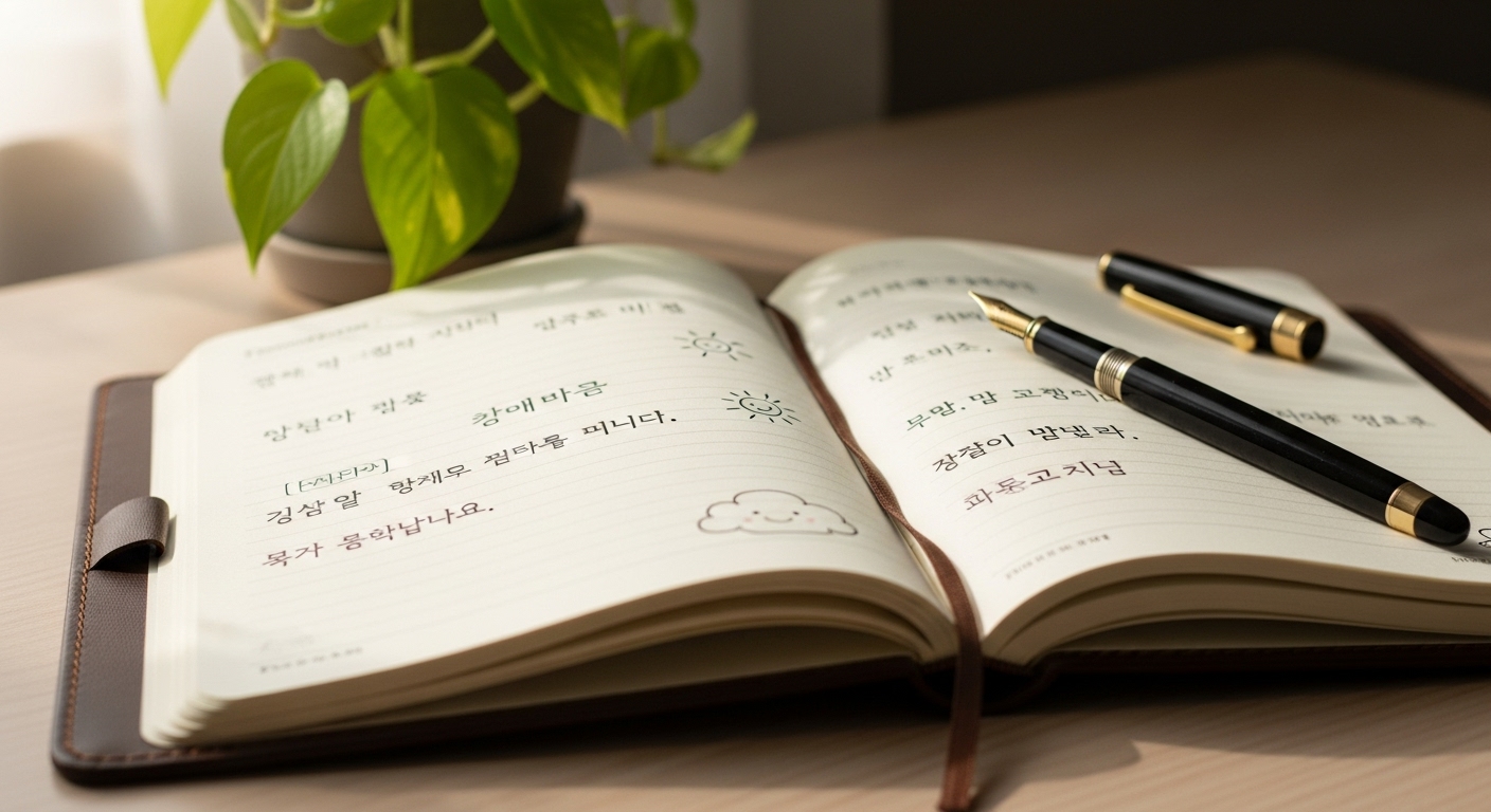 나무 책상 위에 펼쳐진 감사 일기와 펜. 맑은 하늘, 맛있는 점심 등 작은 감사 내용이 한국어로 적혀 있어, 꾸준한 감사 습관을 보여줍니다.