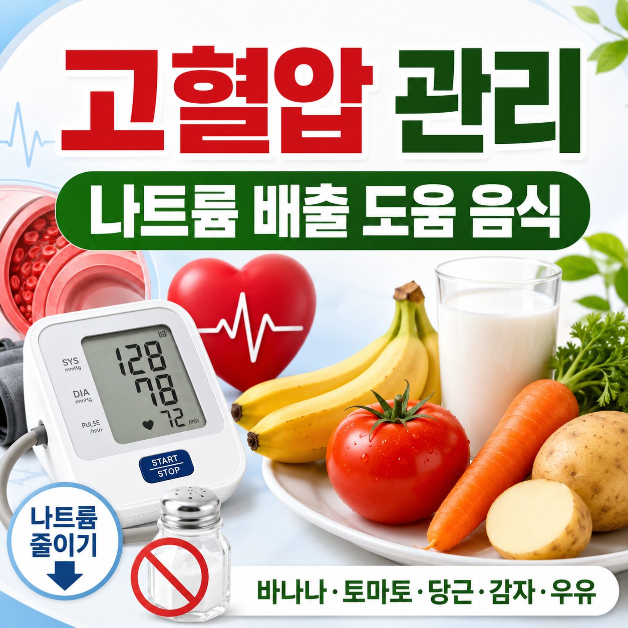 고혈압과 나트륨 배출에 도움 되는 바나나 토마토 당근 감자 우유를 한눈에 보여주는 건강 식단 이미지