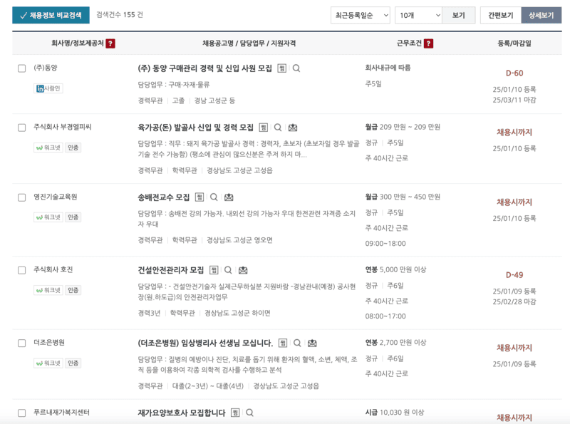 워크넷 고성군 채용정보