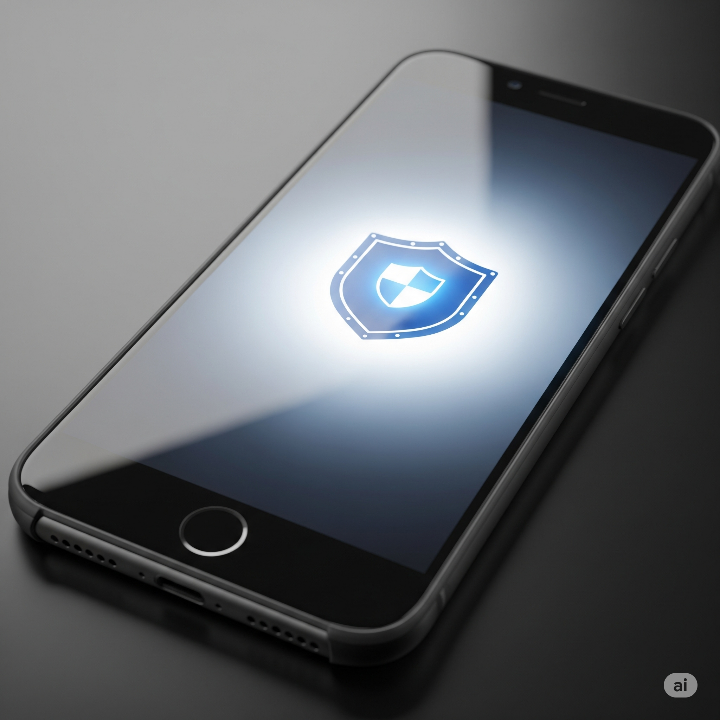 디지털 보안 방패 아이콘이 표시된 스마트폰
