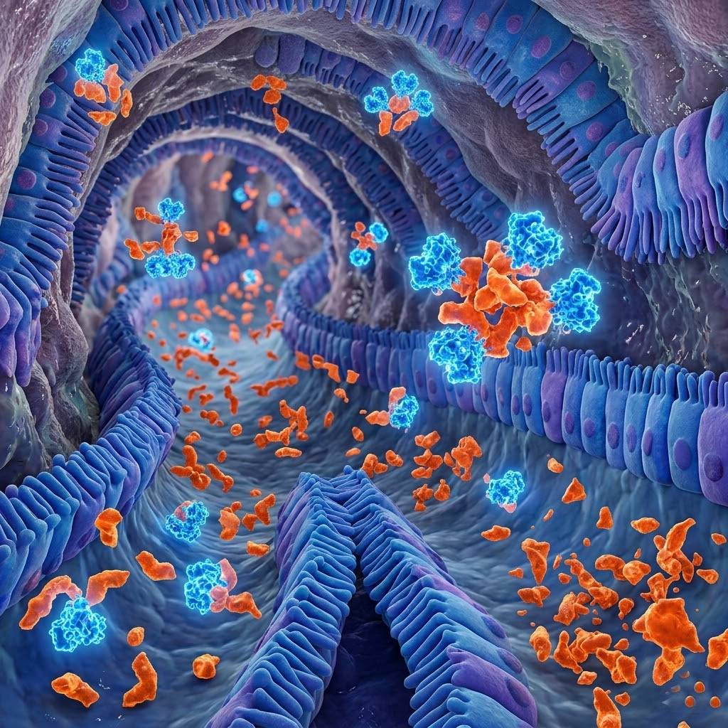 미경으로 본 장 내부에서 DAO 효소가 히스타민 입자를 분해하는 모습을 형상화한 3D 메디컬 일러스트레이션