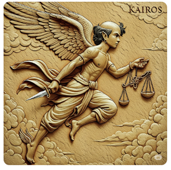 기회의 신 '카이로스(KAIROS)'를 형상화한 정교한 목각 부조 스타일의 이미지. 앞머리는 길고 뒷머리는 민머리이며 발목에 날개가 달린 모습은, 기회가 왔을 때 빠르게 움켜쥐어야 한다는 의미를 담고 있습니다. 급변하는 AI 시대에 도태되지 않고 이 변화를 새로운 도약의 기회로 삼자는 밥과장의 진심 어린 메시지를 시각적으로 표현하고 있습니다.