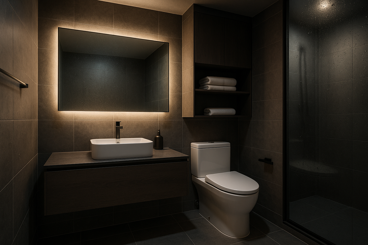 소형 아파트의 건식 화장실 전경&mdash;유리 파티션으로 드라이존과 웨트존을 분리한 샤워존 분리 사례.