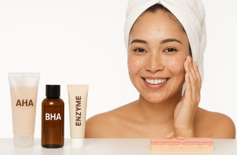 각질제거 제품과 사용하는 여성의 이미지