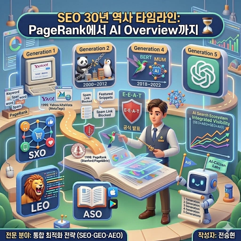 SEO 30년 역사 타임라인: PageRank에서 AI Overview까지
