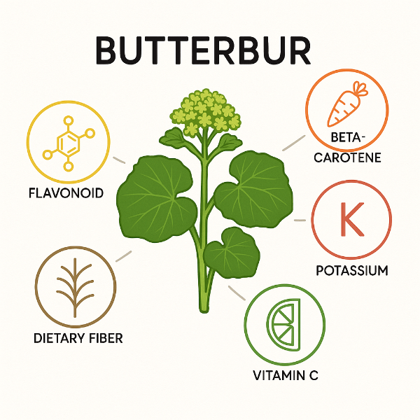 머위의 영양소가 원형 아이콘으로 정리된 인포그래픽 이미지