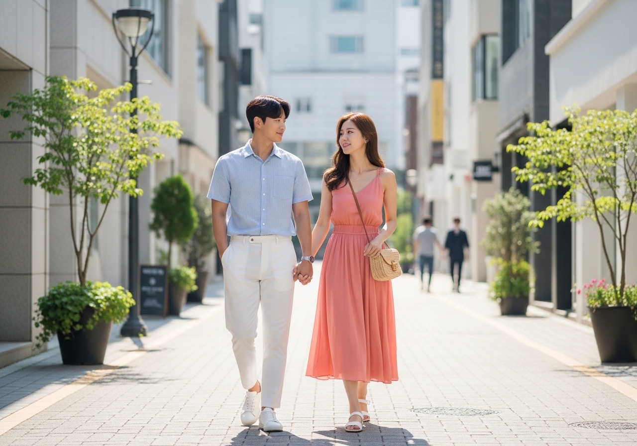 산뜻한 여름 거리에서 커플이 함께 걸어가는 데이트룩 모습

내용: 색감만 맞춰도 분위기가 달라지는 여름 커플룩, 지금부터 핵심 포인트 공개!
