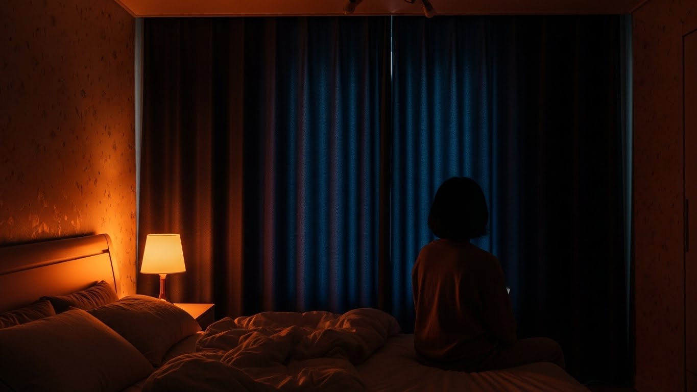 취심 전 간접 조명과 암막 커튼을 활용해 멜라토닌 분비에 최적화된 수면 환경을 조성한 모습