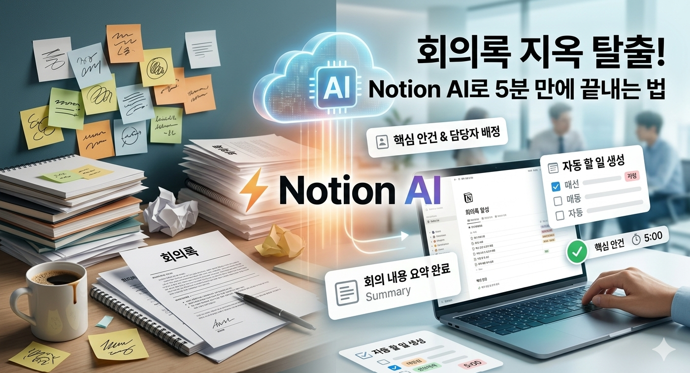'회의록 지옥 탈출! Notion AI로 5분 만에 끝내는 법'이라는 문구와 함께 AI 요약, 자동 할 일 생성 기능을 시각화한 그래픽 요소가 포함되어 있음.
