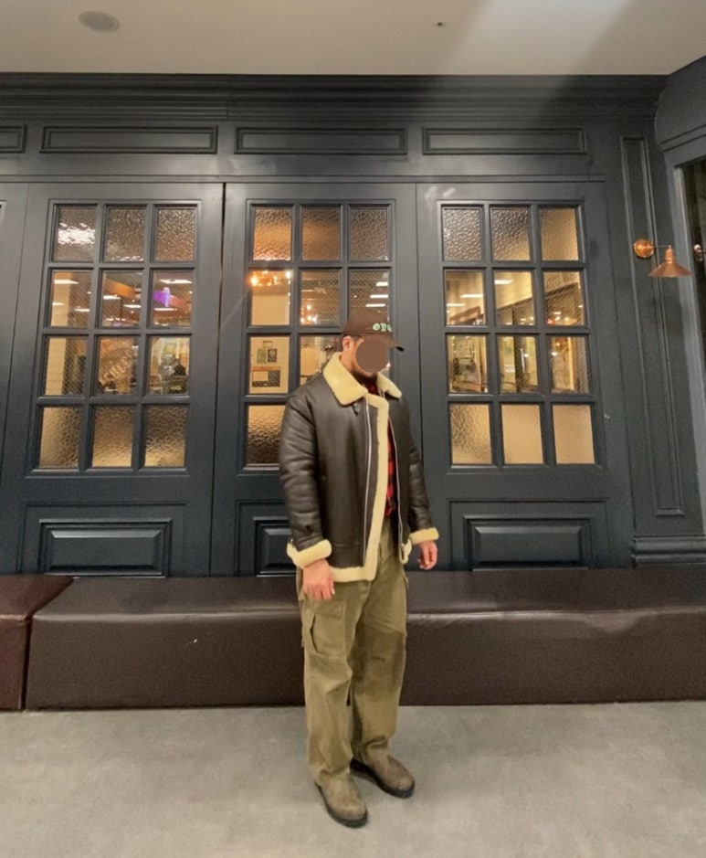 데일리룩('26.1.20.)오와이 OY 데빌로고 빈티지 레터링 볼캡, 스페로네 램스킨 무스탕, 빈티지 보세 레드블랙 체크 셔츠, 프리즘웍스 카고팬츠, 블런드스톤 585 러스틱브라운