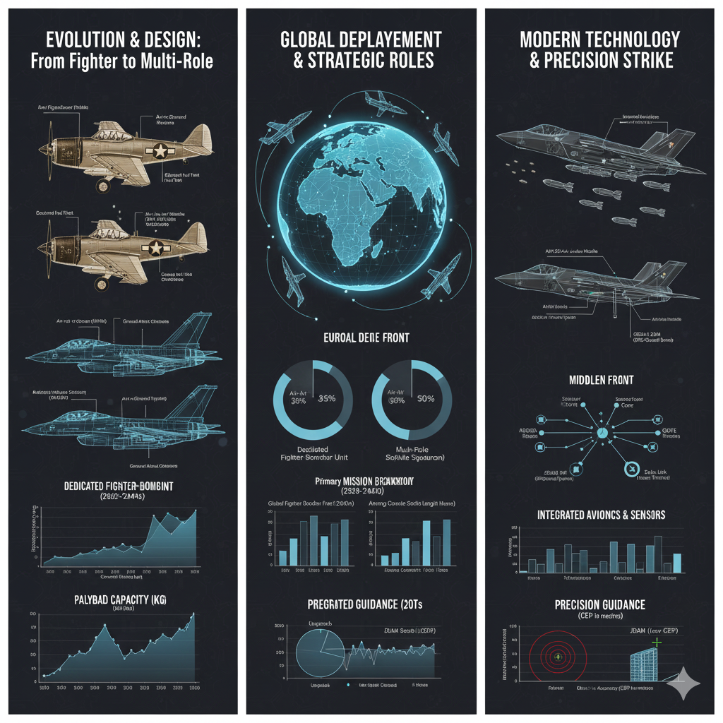 Alt Text : A comprehensive three-panel infographic titled 'Evolution & Design,' 'Global Deployment,' and 'Modern Technology.' The left panel shows the evolution from propeller-driven vintage fighters to modern jet fighters with payload capacity graphs. The center panel features a global map with strategic roles and mission breakdown charts. The right panel displays advanced stealth aircraft with technical diagrams of integrated avionics, sensors, and precision guidance systems like JDAM.