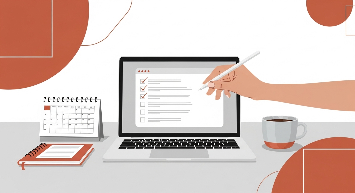 N잡러 성공을 위한 체크리스트를 확인하며 계획을 세우는 깔끔한 책상 풍경