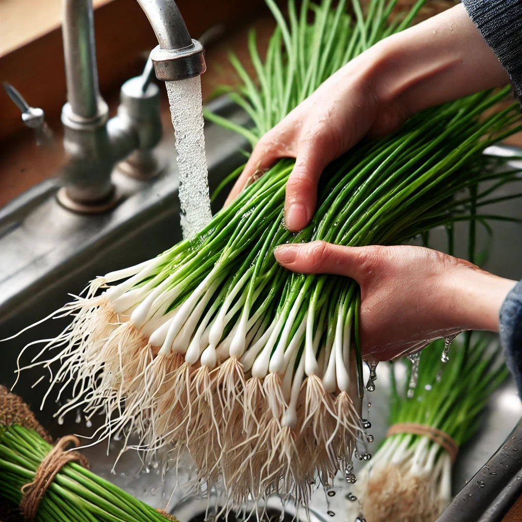 1단계: 달래 다듬기
달래는 뿌리 부분의 흙을 깨끗이 털어내고 흐르는 물에 여러 번 씻어주세요.
▶️ 뿌리 부분이 얇게 퍼져있을수록 맛있어요!