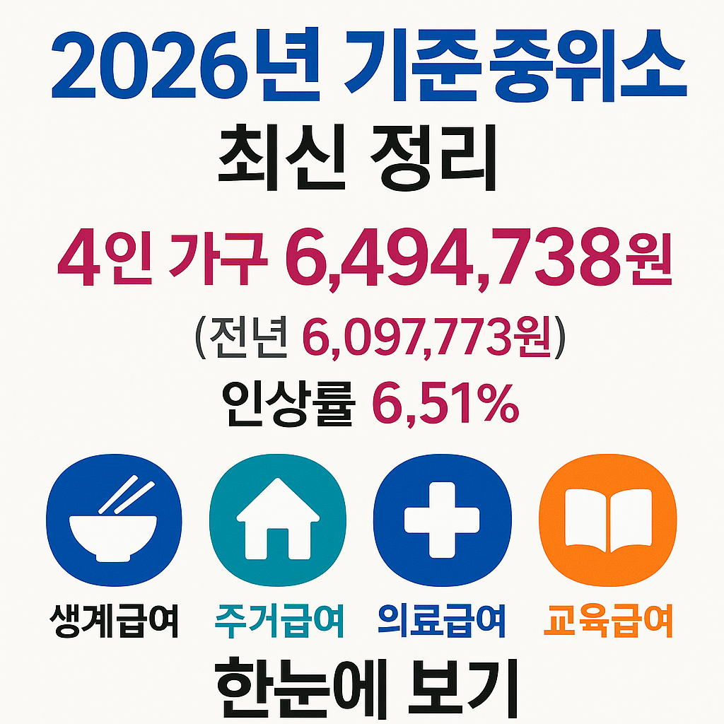 2026년 기준 중위소득 - 교육급여, 주거급여, 의료급여, 생계급여