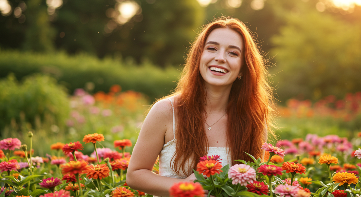 밝은 해가 비추는 꽃밭 한가운데에서 흰 나시 원피스를 입은 붉은 머리의 여성이 환하게 웃고 있는 모습. 그녀 주위에는 분홍, 주황, 노란색의 다양한 꽃들이 활짝 피어 있고, 배경은 푸른 나무와 따뜻한 햇살로 가득하다.