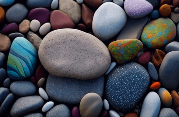 매끄러운 돌들이 가득하다. 타원형의 회색돌과 하늘색 돌, 주황색의 알록달록한 돌들이다.