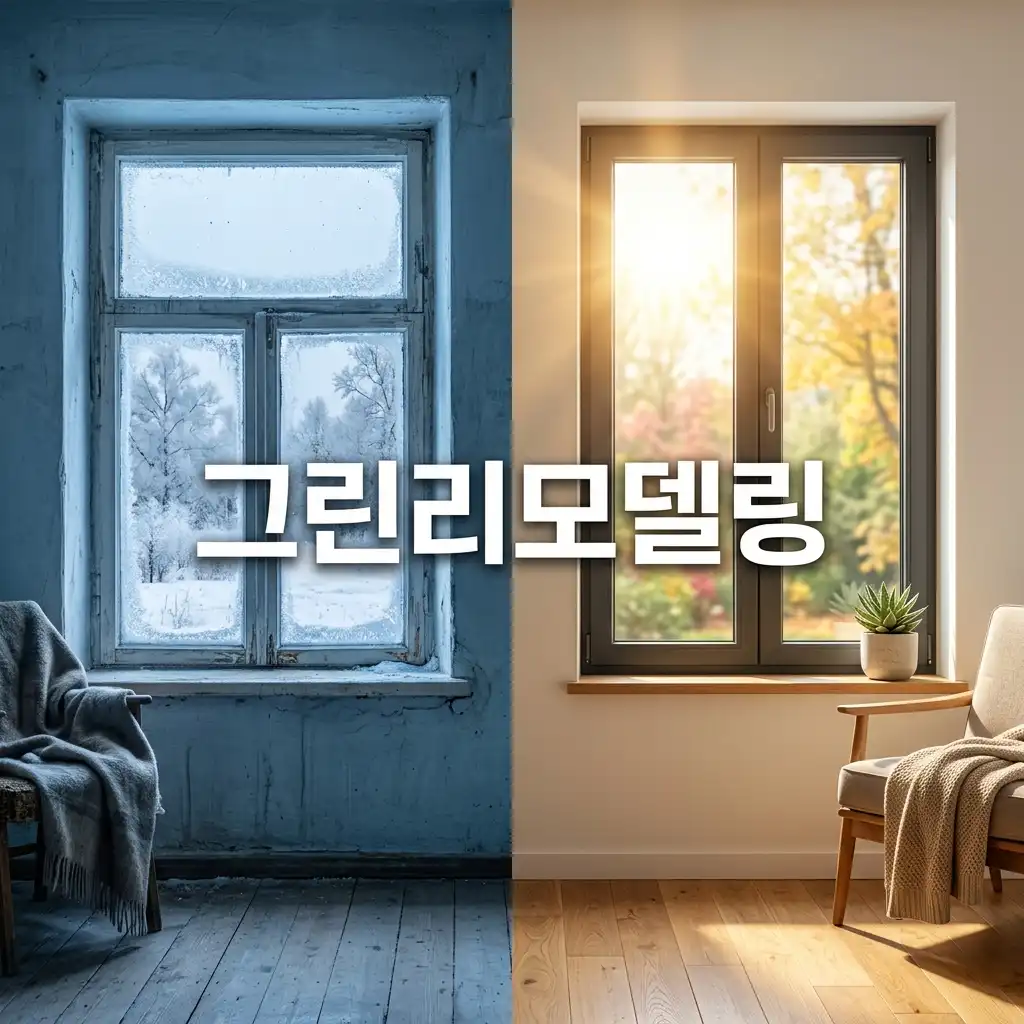 2026년 재개된 그린리모델링 이자지원사업의 핵심인 노후 샷시 교체 전후의 따뜻한 방 모습 비교 이미지.