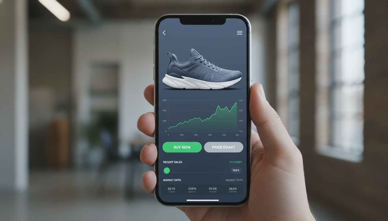 스니커즈 리셀 플랫폼 앱에서 나이키 신상 운동화의 치솟는 시세 그래프를 확인하는 스마트폰 화면