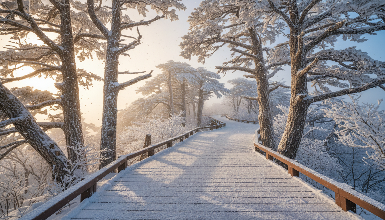 눈꽃이 활짝 핀 주목나무 사이로 조성된 평창 발왕산 천년주목숲길의 고요한 겨울 풍경