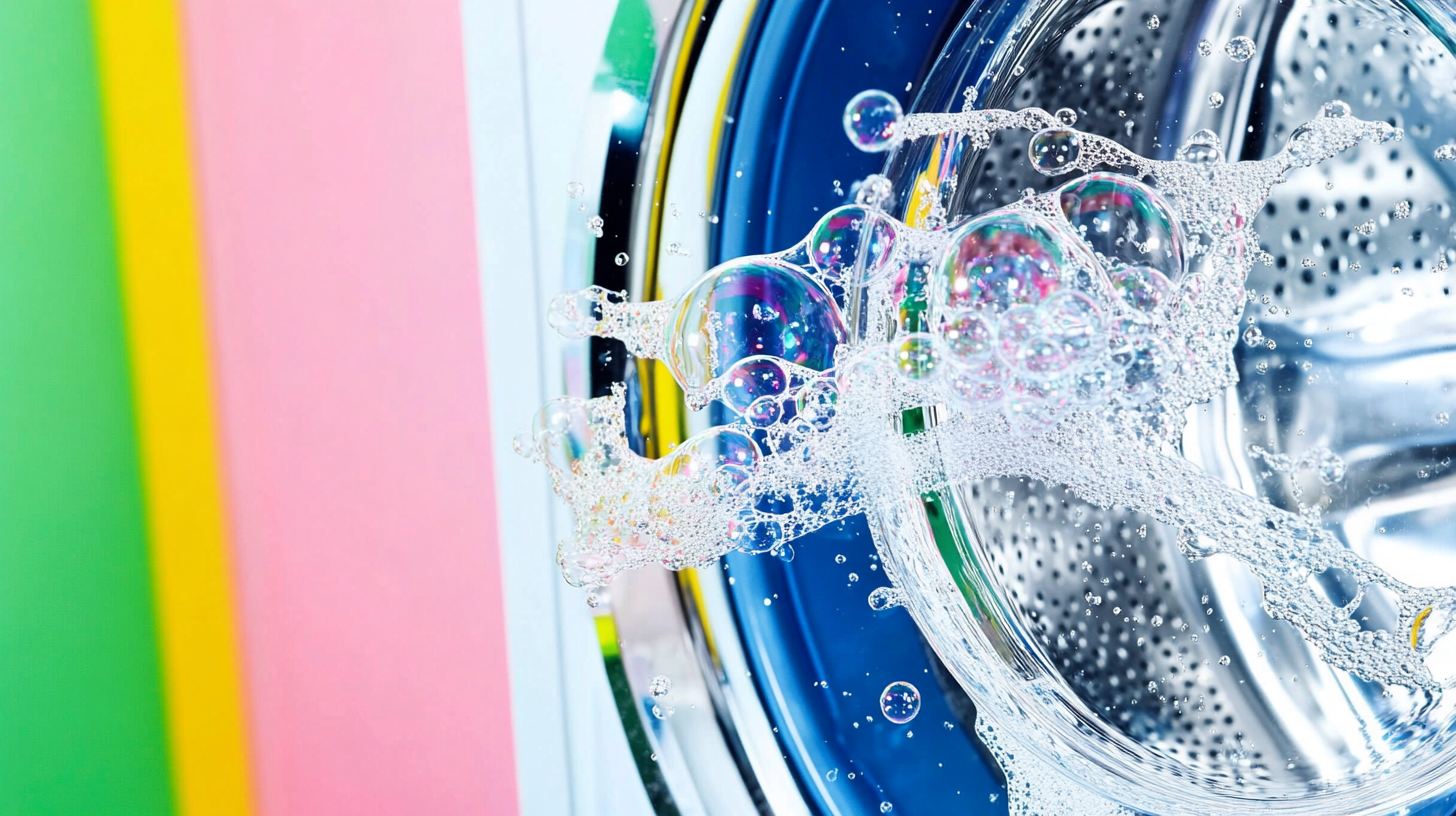 버블 클리닝 기술이 보여지는 세탁기 문 클로즈업, 생동감 넘치는 기포들이 세탁기의 최신 세정 기술을 강조하는 모습