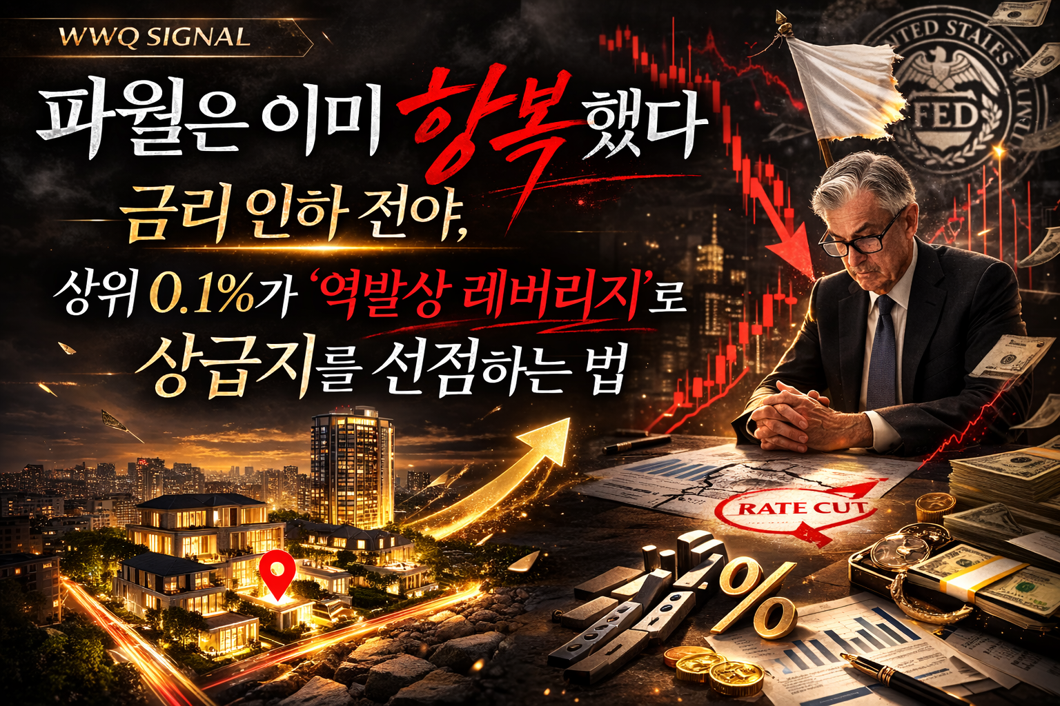 파월은 이미 항복했다 금리 인하 전야 상위 0.1%가 역발상 레버리지로 상급지를 선점하는 전략을 상징하는 부동산과 금리 하락 이미지 썸네일