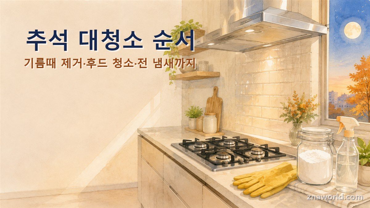 추석 대청소를 마친 깨끗한 주방과 베이킹소다 청소 도구