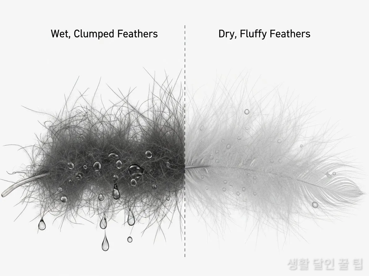 습기로 인해 뭉친 오리털과 공기층이 살아있는 털의 비교 일러스트