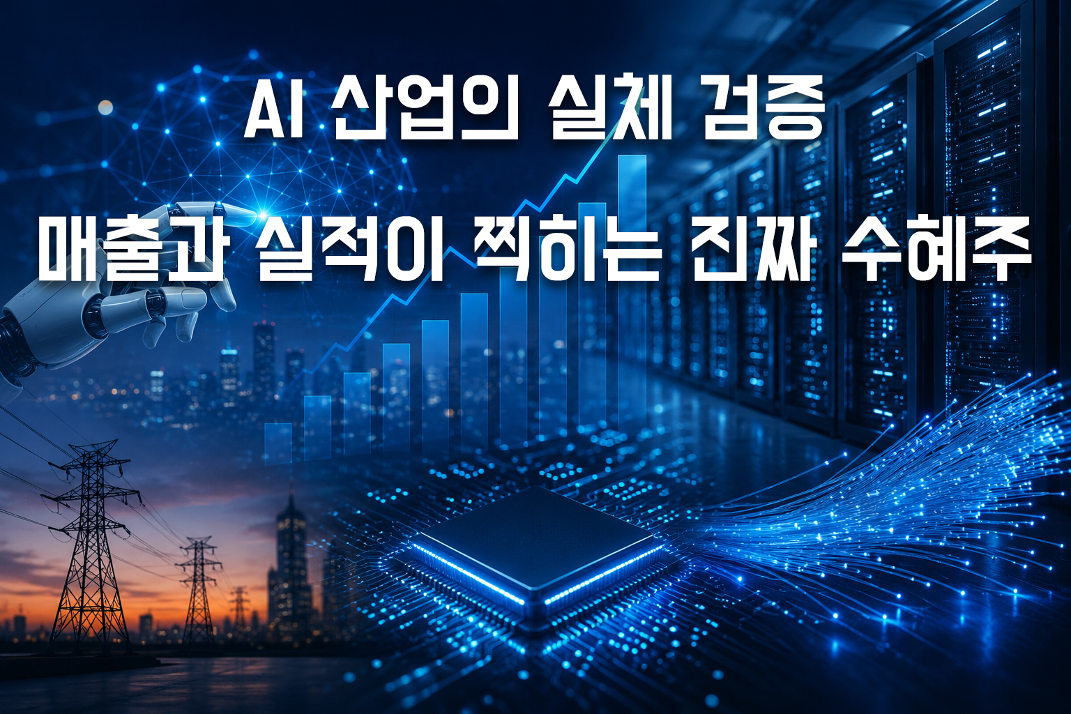 AI 반도체와 데이터센터, 전력 인프라를 중심으로 AI 산업의 실제 수혜 기업과 실적 성장 흐름을 보여주는 이미지