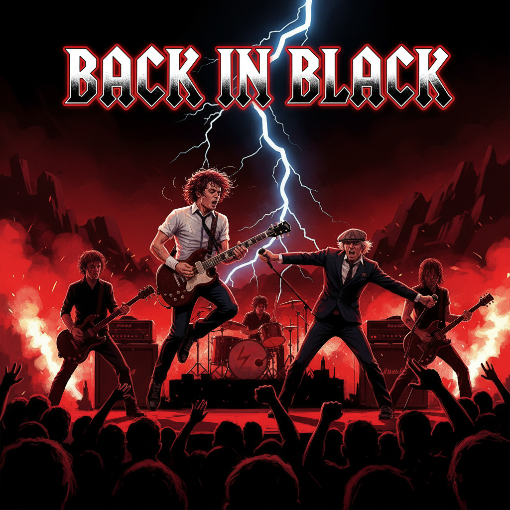 록밴드 AC/DC의 역동적인 무대 공연, 검은색 의상을 입은 멤버들이 강렬한 조명 아래서 연주하는 모습.