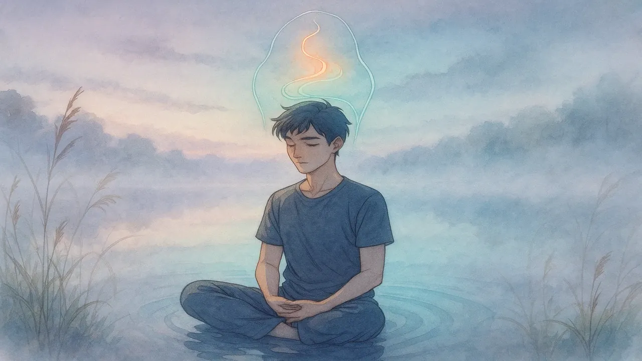 고요한 호숫가에서 명상하는 사람의 모습과, 그의 머릿속에서 복잡한 생각들이 차분하게 가라앉는 것을 시각적으로 표현한 이미지