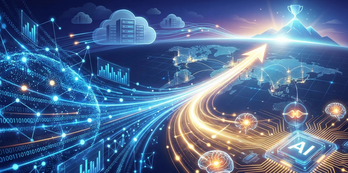 빅데이터를 상징하는 디지털 신경망 뇌 구조와 AI 칩이 결합되어 빛을 발하며, 세계 지도 위로 상승하는 화살표 그래프를 이끌어 시장 선도와 성장을 나타내는 클라우드 배경의 미래지향적 일러스트레이션