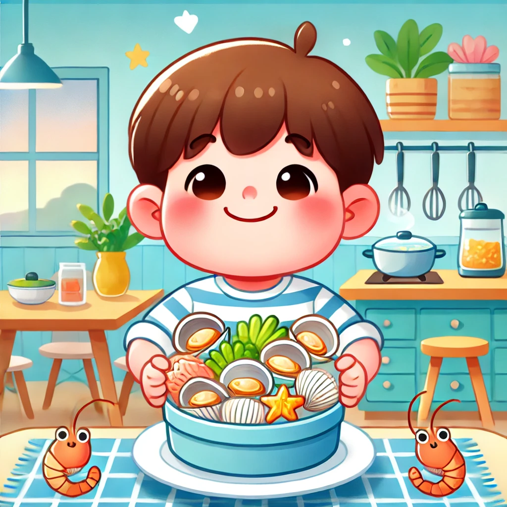 아이가 조개를 들고 웃고 있는그림 사진