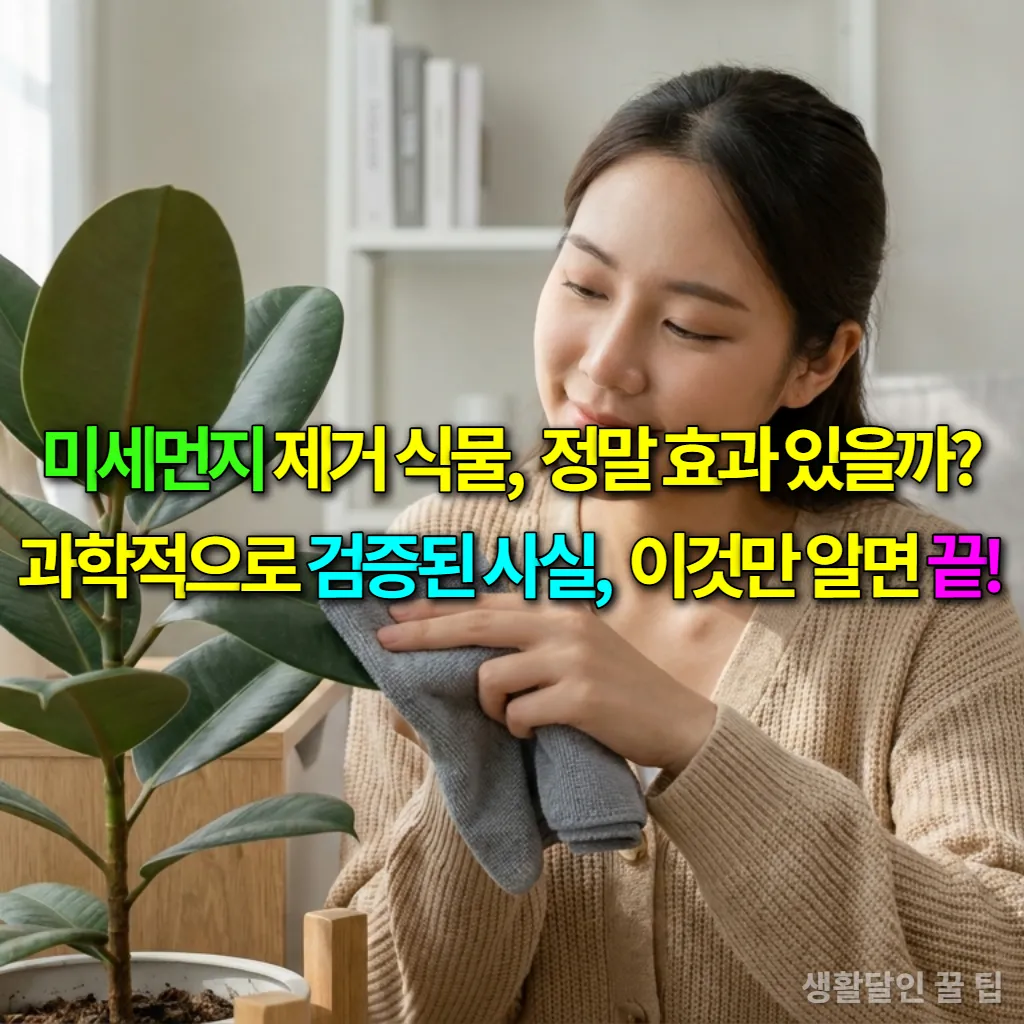 실내 식물 잎을 닦는 한국 여성의 모습. 미세먼지 제거 식물 관리의 중요성을 나타냄.