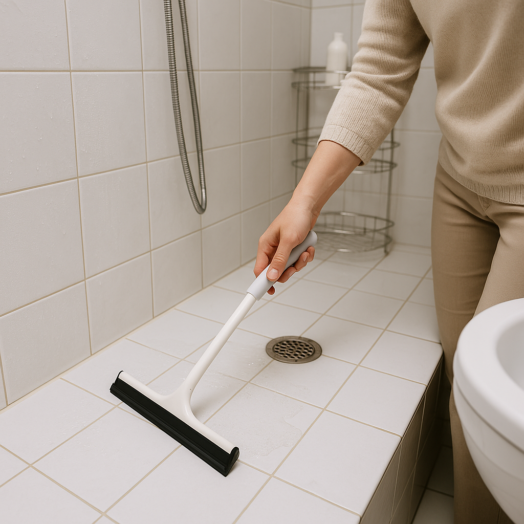 욕실 타일 바닥에서 스퀴지로 물기를 제거하는 손의 클로즈업