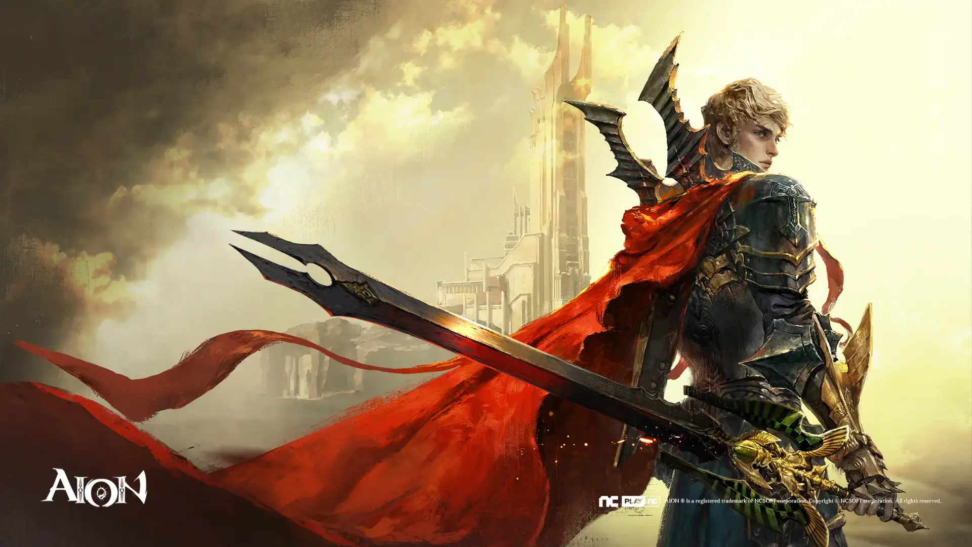 아이온 클래식 MMORPG 일러스트, 붉은 망토와 대검을 든 남성 캐릭터가 배경의 판타지 성을 바라보는 모습