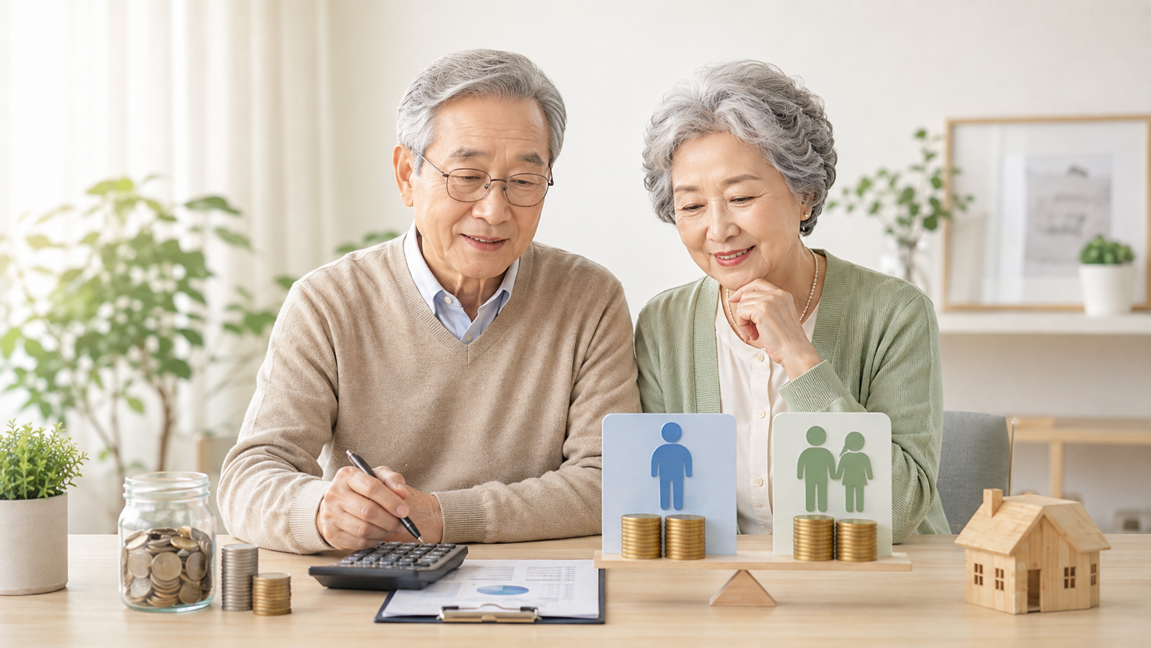 2026년 기초연금 선정기준을 계산기로 확인하는 노부부와 소득 기준 비교