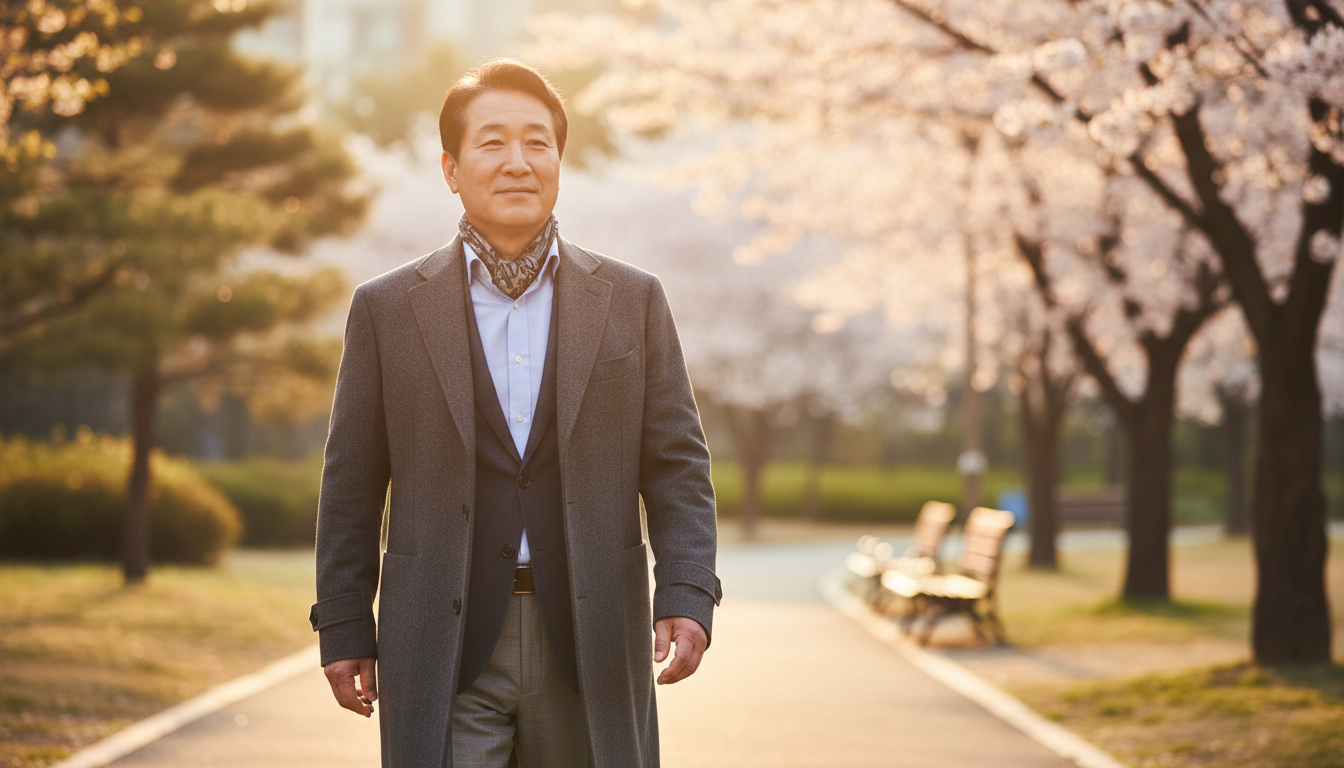단정한 스마트 캐주얼 코트를 입고 평화로운 도심 공원을 걸으며 미소 짓는 60대 한국 남성, 따뜻한 노을빛 조명, 배경 흐림, 여유로운 노후를 상징하는 에디토리얼 사진.