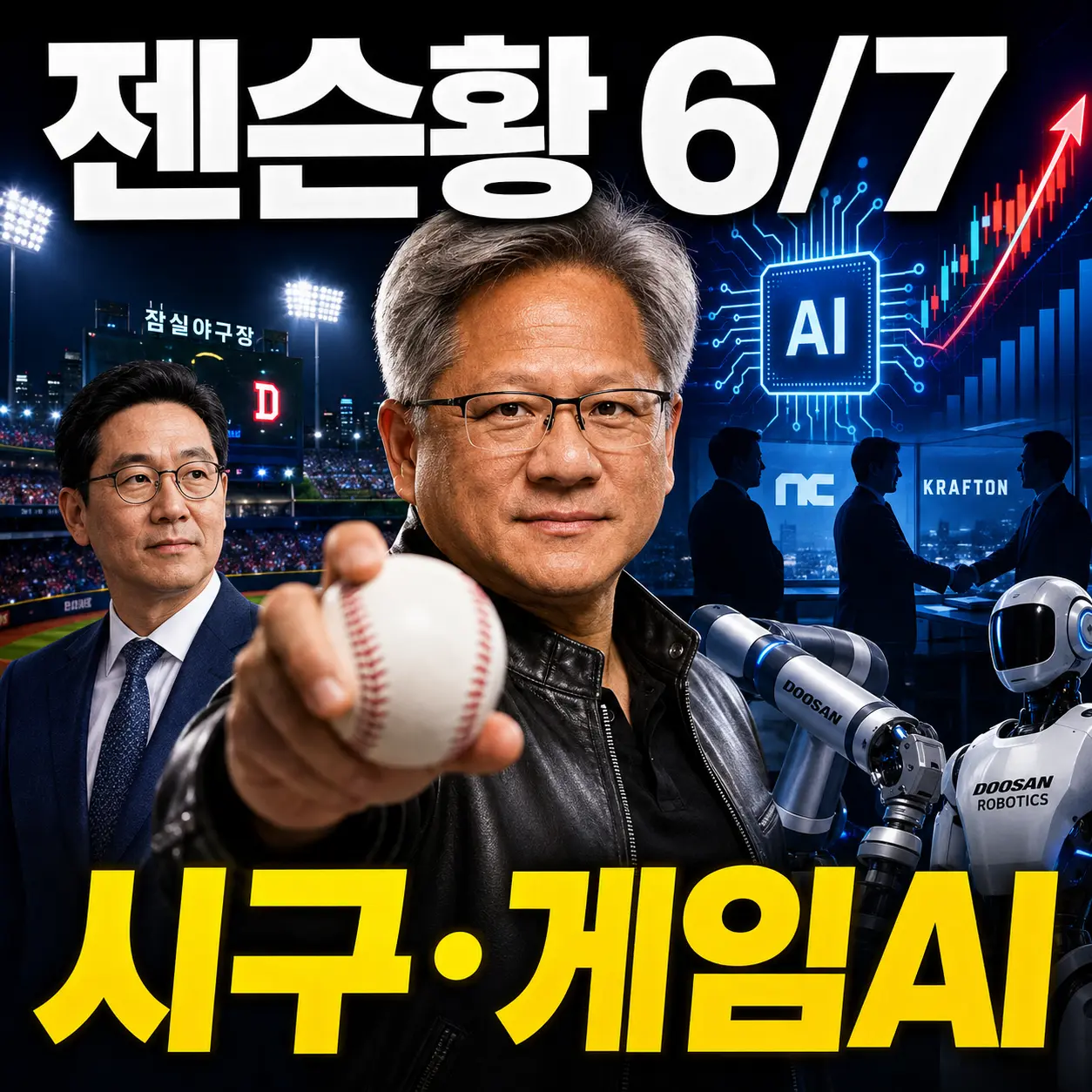 젠슨황 내일(6/7) 잠실 시구&middot;김택진 엔씨&middot;크래프톤 회동 &mdash; 게임AI&middot;두산로보틱스 수혜주 긴급 점검 2026